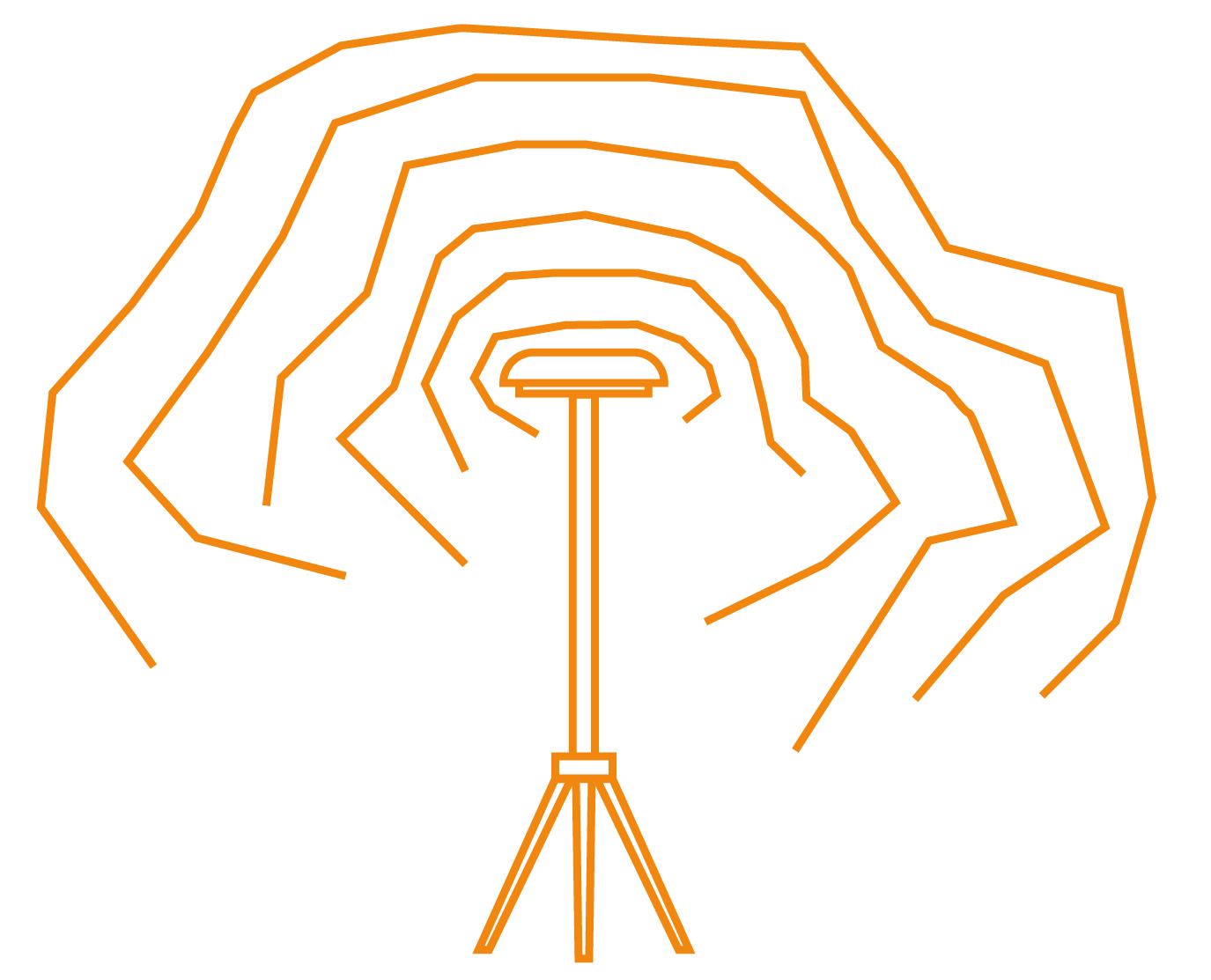 Einfaches Symbol eines Accesspoints, der auf einem Tripod montiert ist, mit Linien, die ein Funksignal anzeigen