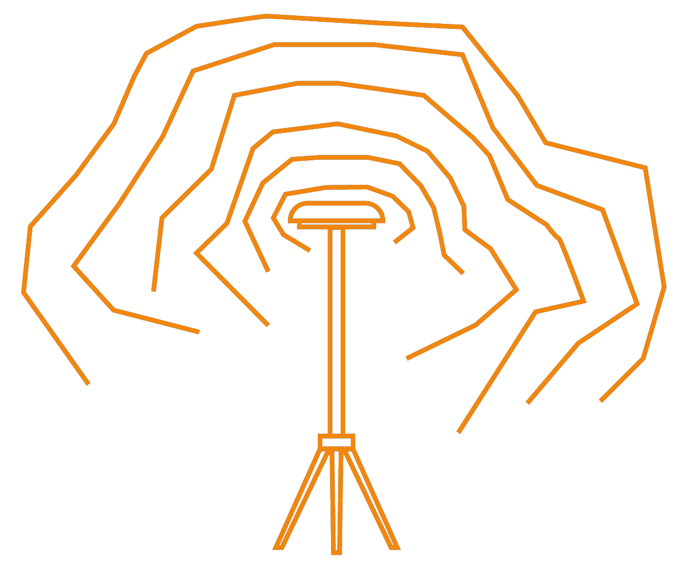 Einfaches Symbol eines Accesspoints, der auf einem Tripod montiert ist, mit Linien, die ein Funksignal anzeigen