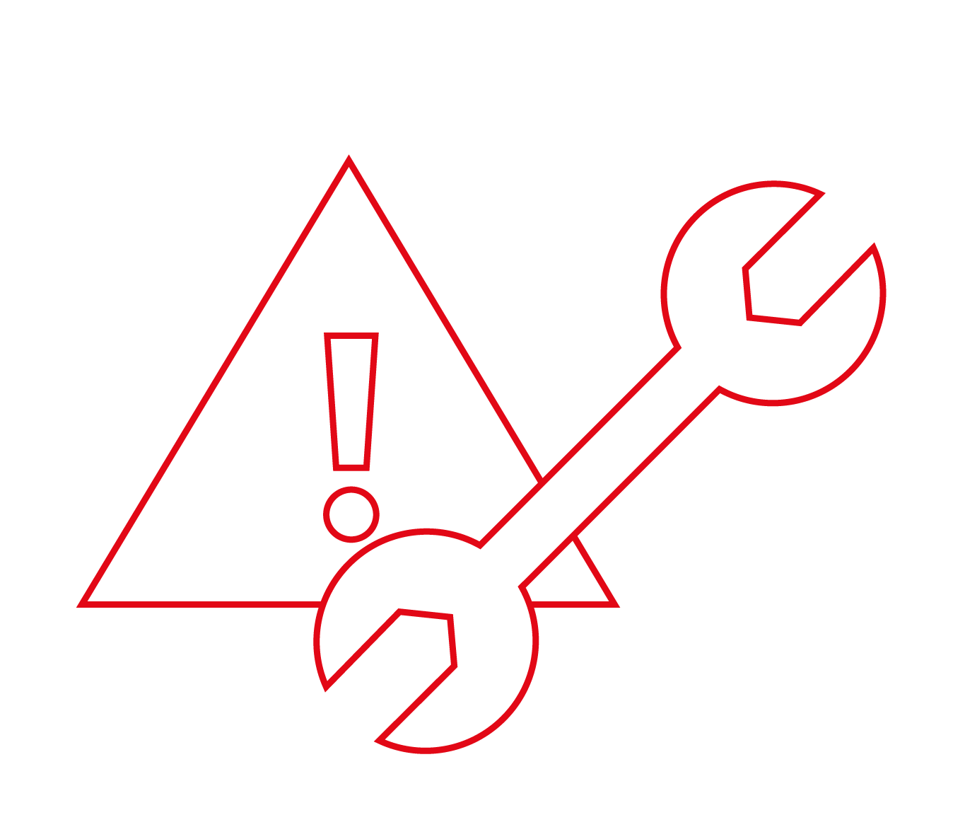 Einfaches Symbol eines Schraubenschlüssels vor einem Warnschild mit Ausrufezeichen