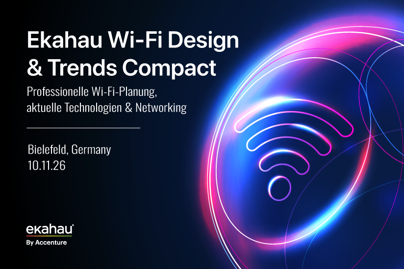 Wifi Day Banner - mit der Aufschrift "Ekahau Wi-Fi Design & Trends Compact" sowie Datums und Ortsangabe
