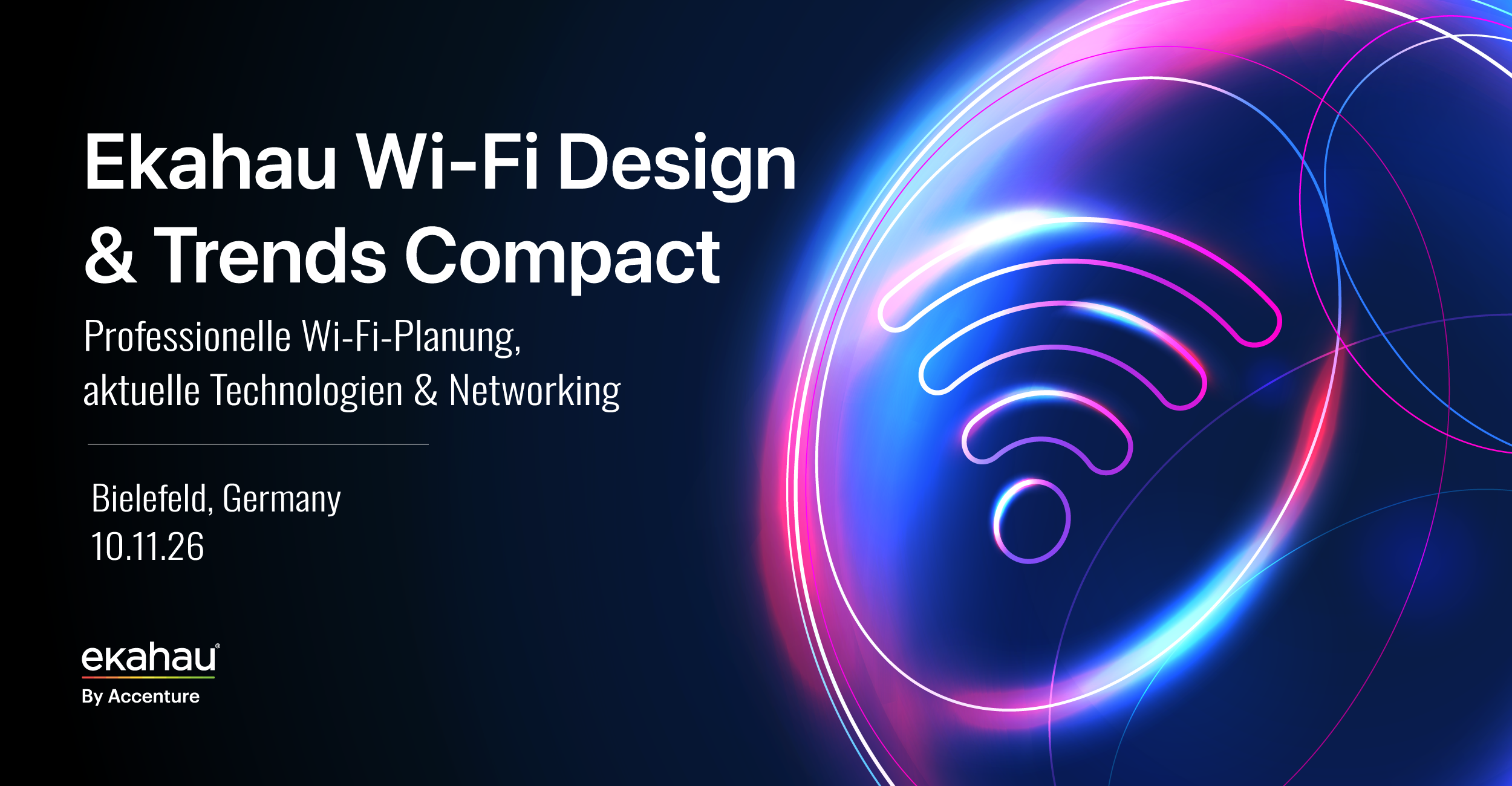 Wifi Day Banner - mit der Aufschrift "Ekahau Wi-Fi Design & Trends Compact" sowie Datums und Ortsangabe