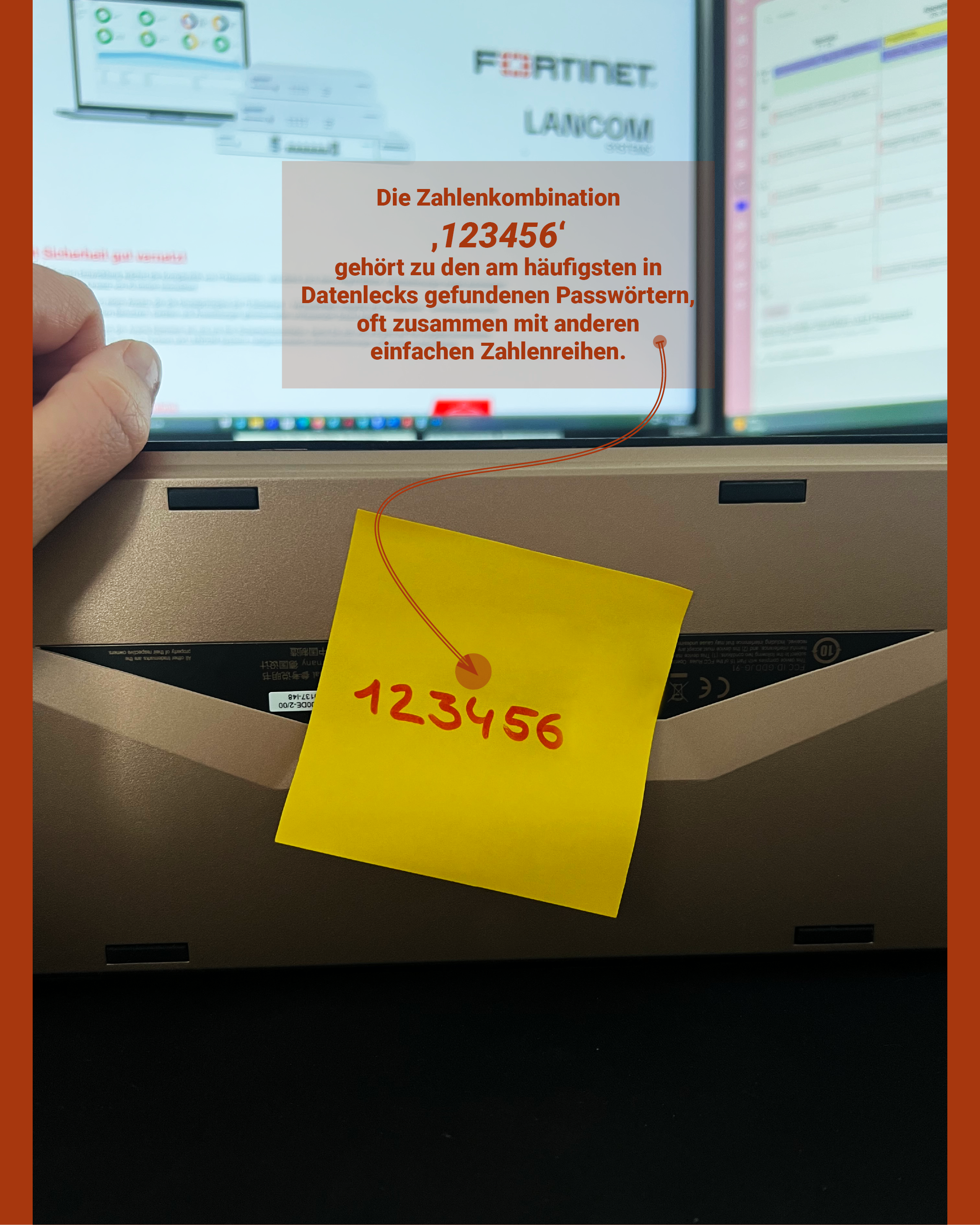 Yellow sticky note reading „123456“ in front of a screen – symbolizes insecure passwords