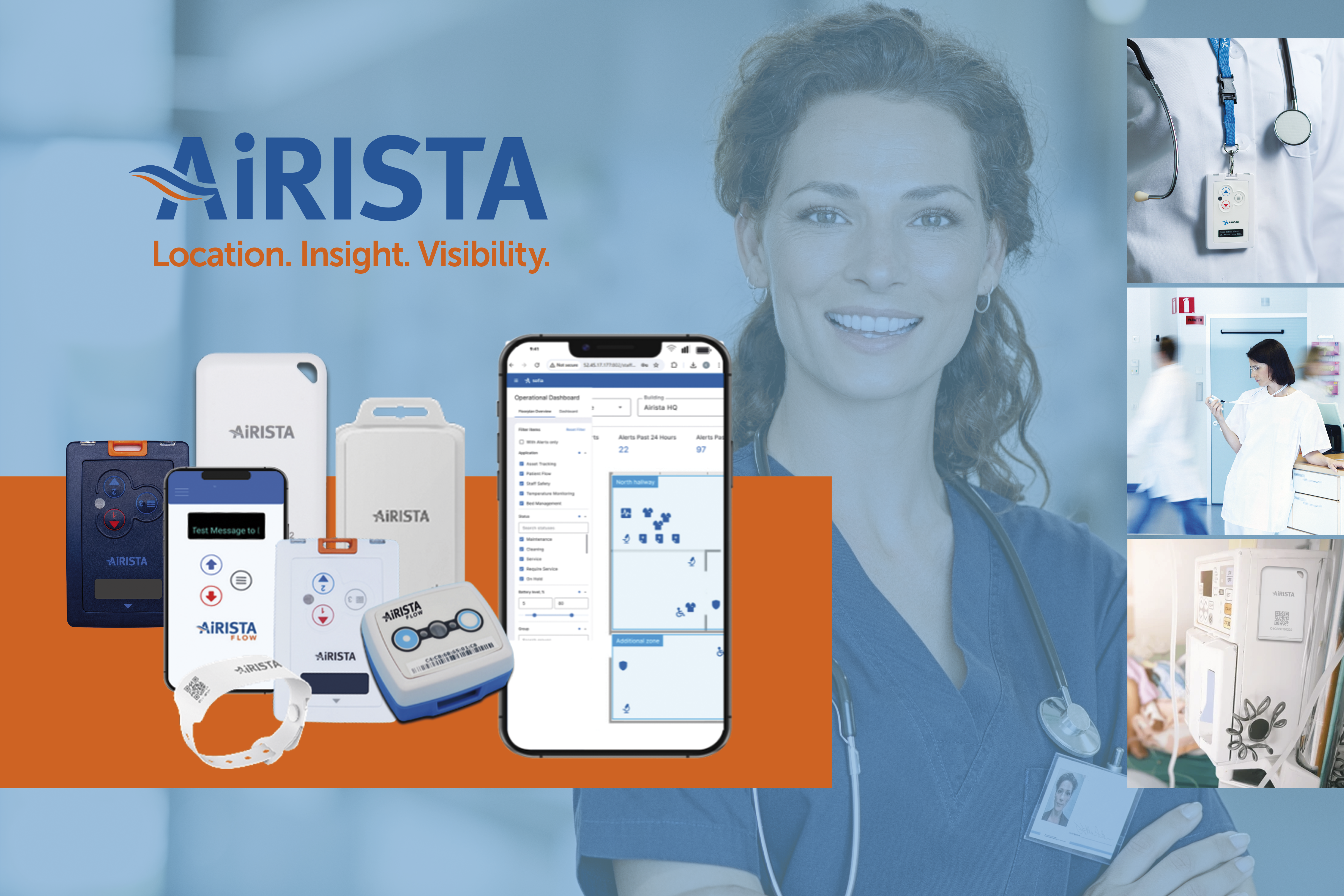 AiRISTA product overview: location tags, wristband, panic device and dashboard app with a smiling nurse in the background